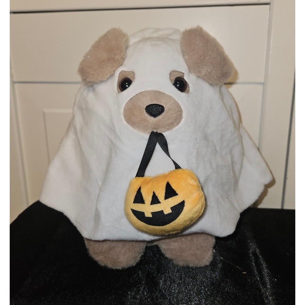 American Greetings Halloween Ghost Dog Plush Puppy Pumpkin Pail Costume Tan